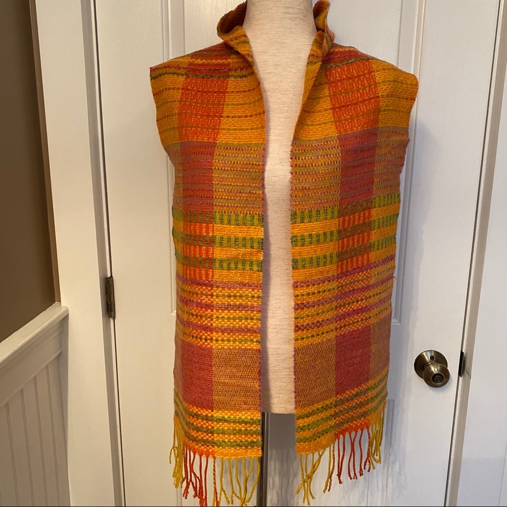 VICTOIRE MATHIEU SCARF ORANGE GREEN FRINGE FRANCE LONG RECTANGLE ACCESSORY